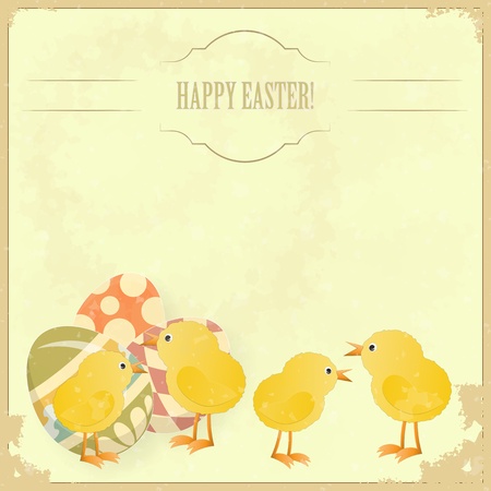 vintage Easter greeting card with colored eggs and chickens - vector illustrationのイラスト素材