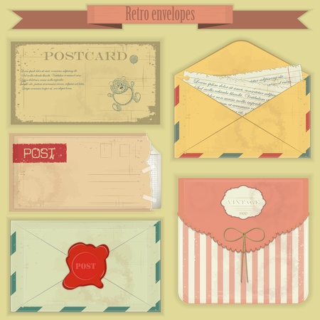 Vintage post set - Retro envelopes and postcards - vector illustrationのイラスト素材