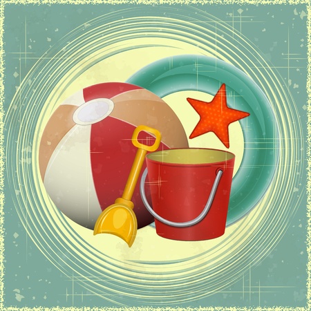 Beach toys -  ball, shovel, bucket,  lifeline - retro postcard - vector illustrationのイラスト素材