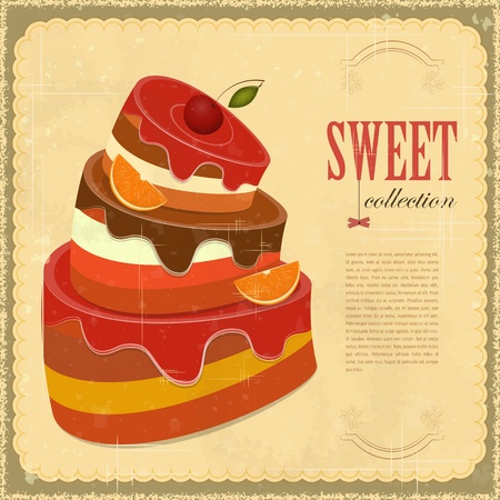 Vintage pastry Menu - Big Chocolate Fruit Cake with oranges and cherries - Retro background with place for text のイラスト素材