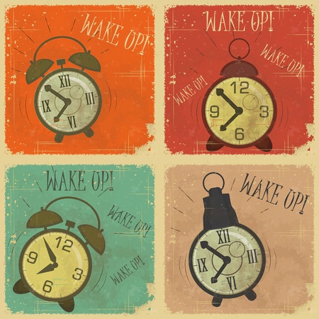 set of Vintage  Labels - Retro cards with Grunge Effect - Retro Alarm Clock with text: Wake up!のイラスト素材