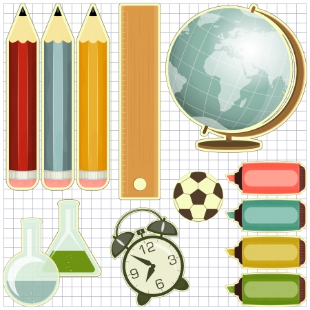 School supplies, education icons - Globe, pencils, alarm clock - vector illustrationのイラスト素材