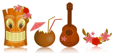 Hawaiian icons - tiki, ukulele, hibiscus on white background - vector illustrationのイラスト素材