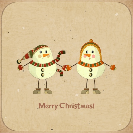 Christmas card - Two snowmen on a retro background - postcard in retro style のイラスト素材
