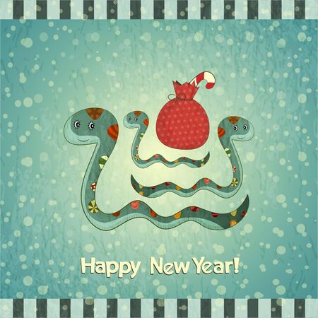 New Year Postcard design - symbol of the year, snake with a bag of gifts - vector illustrationのイラスト素材
