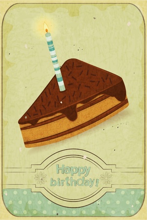 retro birthday card - a piece of cake with a candle on vintage background - vector illustrationのイラスト素材