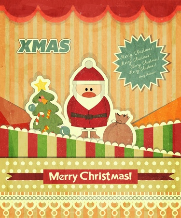 Christmas cards with Santa, Christmas tree and text Merry Christmas - greeting postcard in Retro style - vector illustrationのイラスト素材
