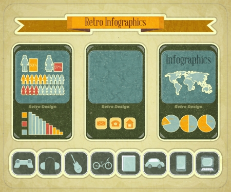 Retro Infographic Design with mobile phone devices and web icons buttons set  - vintage elements for presentation and visualization のイラスト素材