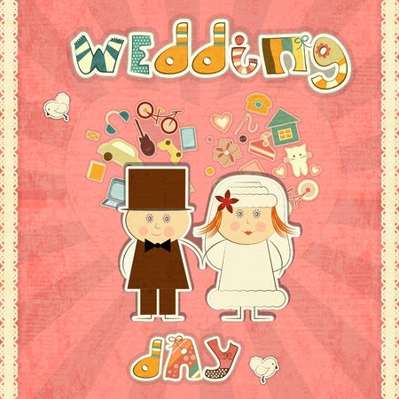 Wedding Card - Groom, Bride, Pigeons on Vintage Background with hand drawn text Wedding Day のイラスト素材