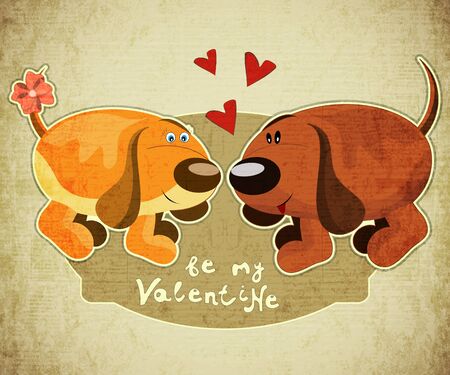 Valentines Day Card with cartoon dogs and hand lettering in Retro style - vector illustrationのイラスト素材