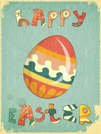 Retro Easter Card with colorful Egg and Hand Lettering Happy Easter  Illustration.のイラスト素材