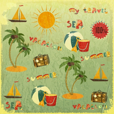 Summer Background. Retro Card with Summer Items and hand lettering in Vintage Style. Vector Illustration.のイラスト素材