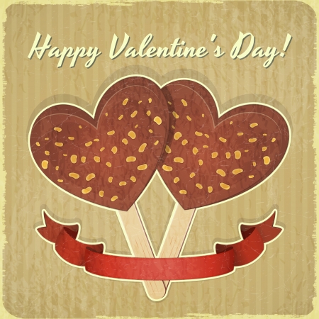 Valentines Day Retro Card. Two Ice Cream in the shape of Hearts on Vintage Background.  Illustration.のイラスト素材