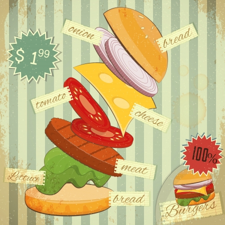 Retro Design of Fast Food Menu, Big Burger with Ingredients and place for Price on Vintage Background. のイラスト素材