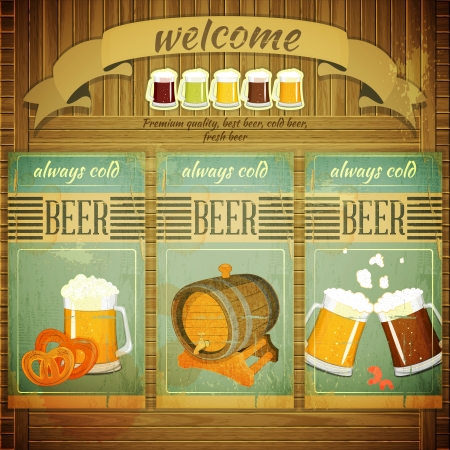 Pub Beer Menu in Retro Vintage Grunge Style, Set of Labels on Wooden Background.  Illustration.のイラスト素材