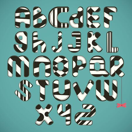 black-white striped Alphabet design in fun doodle style letters A-Z - vector illustrationのイラスト素材