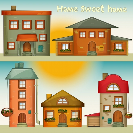 Set of Cartoon Houses. Sweet Home - hand lettering. Vector Illustration.のイラスト素材