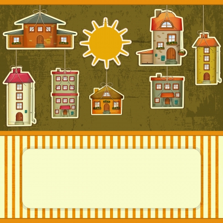 Set of Houses Retro Card. Cartoon Homes and Sun on Vintage Background with place for text. のイラスト素材