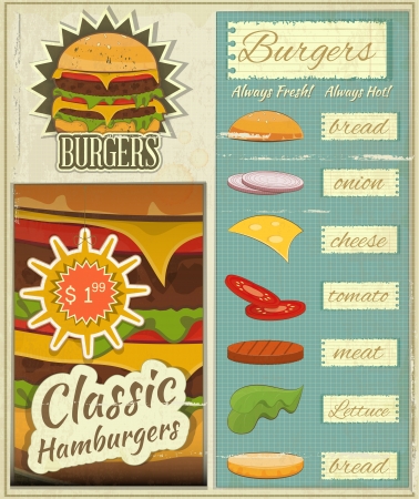 Retro Design of Burgers Menu, Big Hamburger with Ingredients and place for Price in Vintage Style. Set.  Illustration.のイラスト素材