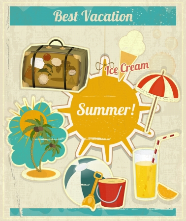 Summer Vacation Card in Vintage Style. Retro Travel Postcard with Summer Items in Old Style.  Illustration.のイラスト素材