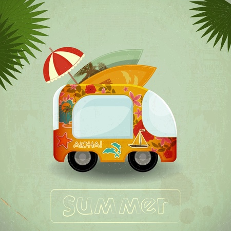 Summer Travel Bus in retro Style. Vintage Vacation Postcard with Summer Items in Old Style Illustration.のイラスト素材