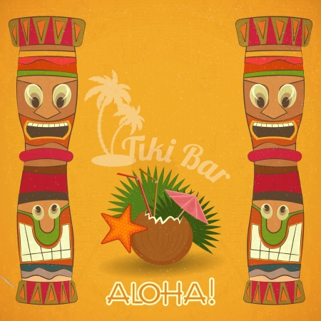 Vintage Hawaiian Tiki bar - cocktail and Tiki totem illustration.のイラスト素材