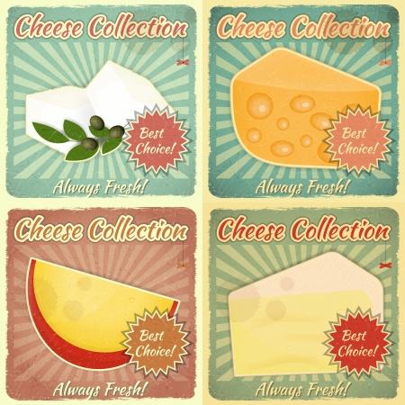 Vintage Set of Cheese Labels. Various Types of Cheese on a Retro Background with place for Price Illustration.のイラスト素材