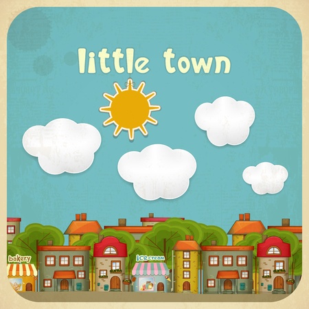 Little Town. Townhouses in a retro Style. Hand Lettering. のイラスト素材