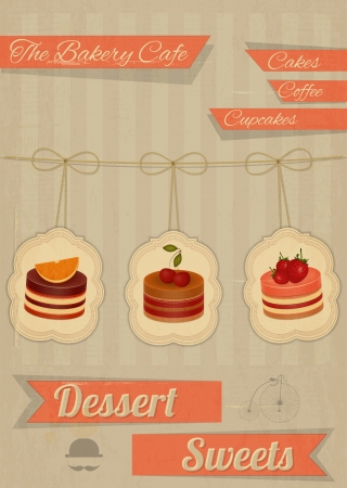 Retro Menu for the Cafe, Pastry Shop, Confectionery - Strawberry, chocolate and cherry Cake  - vector illustrationのイラスト素材