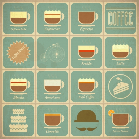 Set of Retro Coffee Labels in Vintage Style with Types of Coffee Drinks and Food Icons  Vector Illustration  のイラスト素材