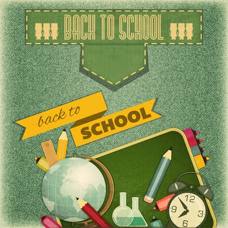 Retro Card -  Back to School Design - School Board and School Supplies on Vintage Jeans  Background - Vector Illustrationのイラスト素材