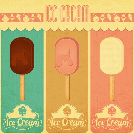 Ice Cream Dessert Vintage Menu Card in Retro Style - three flavors of ice cream. Vector illustrationのイラスト素材