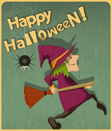 Retro Halloween Card with witch in Vintage Style. Cartoon Halloween character. Hand Lettering. のイラスト素材