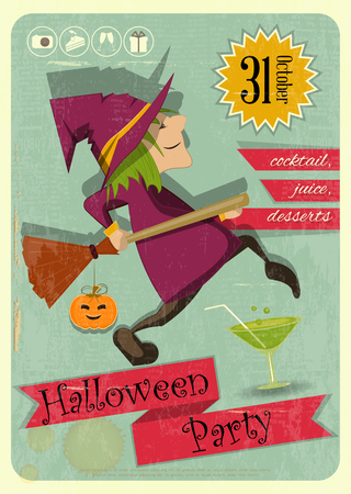 Retro Halloween Party Invitation with Witch in Vintage Style. Cartoon Halloween character. のイラスト素材
