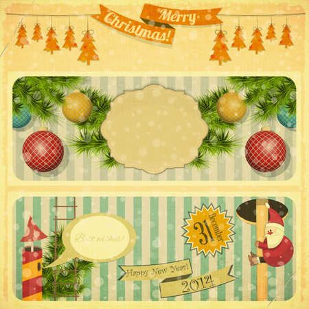 Vintage Merry Christmas and New Years Card with Santa Claus and Christmas Decorations in Old Style. Vector illustration.のイラスト素材