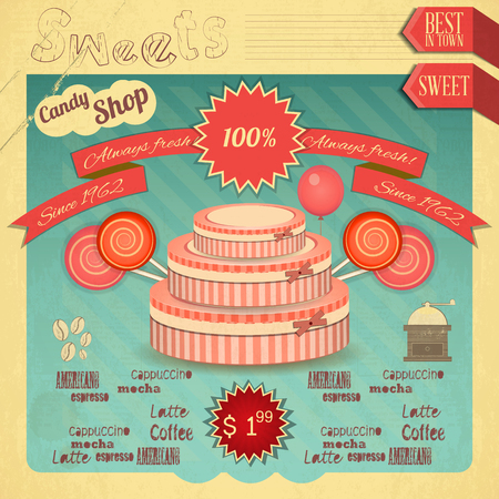 Candy Sweet Shop. Vintage Card Retro. Vector illustrationのイラスト素材