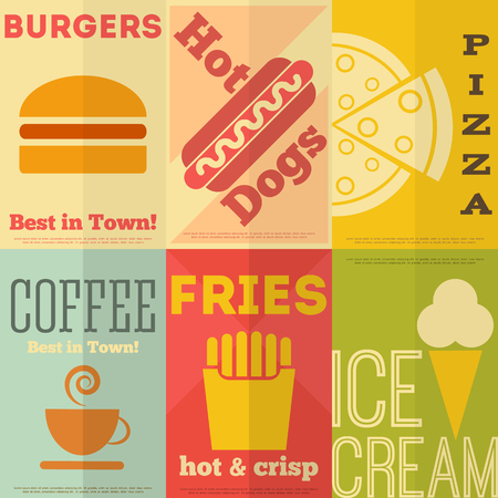 Retro Fast Food Posters Collection in Flat Design Style. Vector Illustration.のイラスト素材