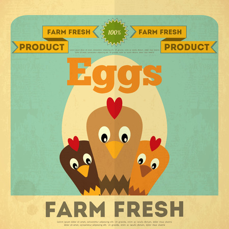 Farm Organic Food Poster. Retro Placard with Chicken and Egg. Vector Illustration.のイラスト素材
