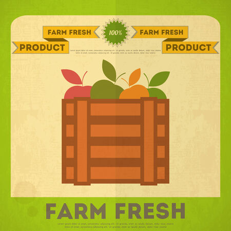 Farm Organic Food Poster. Retro Placard with Apples Box. Vector Illustration.のイラスト素材