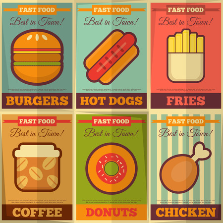 Fast Food Retro Placard Collection in Flat Design Style. Vector Illustration.のイラスト素材