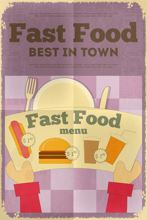 Fast Food Poster in Retro Design Style. Fast Food Menu. Vector Illustration.のイラスト素材