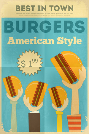 Fast Food Fun Poster in Retro Design Style. Hamburgers. Vector Illustration.のイラスト素材