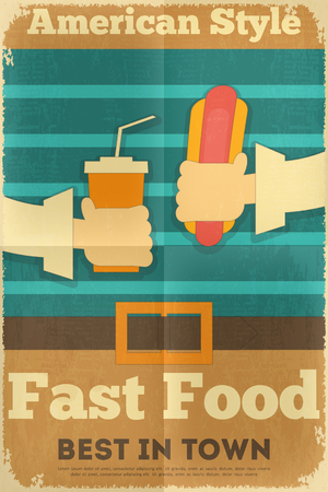 Fast Food Fun Poster in Retro Design Style. Hot Dog and Drink. Vector Illustration.のイラスト素材