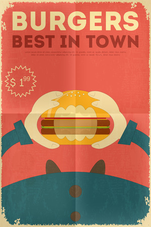 Fast Food Fun Poster in Retro Design Style. Big Burger. Vector Illustration.のイラスト素材