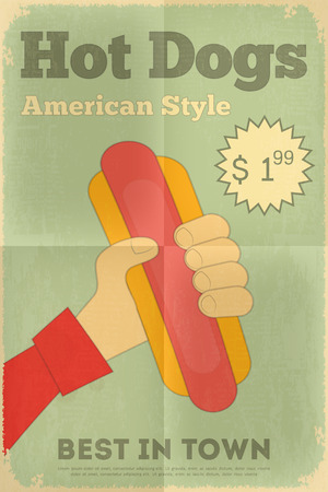 Fast Food Fun Poster in Retro Design Style. Big Hot Dog. Vector Illustration.のイラスト素材