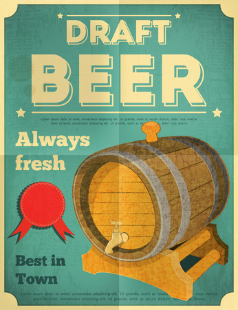 Draft Beer Retro Poster in Vintage Design Style. Beer Barrel. Vector Illustration.のイラスト素材
