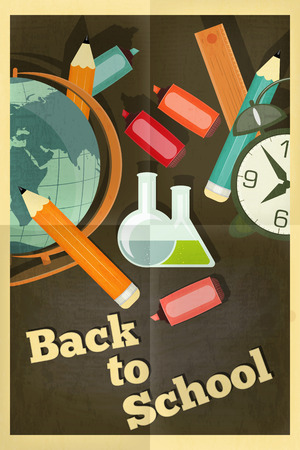 Back to School Poster - School Supplies on Chalkboard -  in Retro Style. Vector Illustration.のイラスト素材
