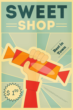 Sweet Shop Retro Poster with Hand Holding Candy. Vector Illustration.のイラスト素材