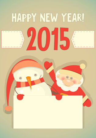Retro Merry Christmas and New Years Card with Santa Claus and Snowman with Place for Text. Vertical format. Vector illustration.のイラスト素材