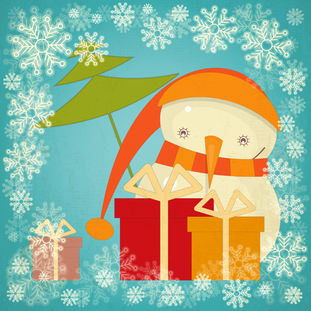 Merry Christmas Greeting Card with Cartoon Cute Snowman, Snow Frame and Gift Box in Retro Style. Vector Illustration.のイラスト素材